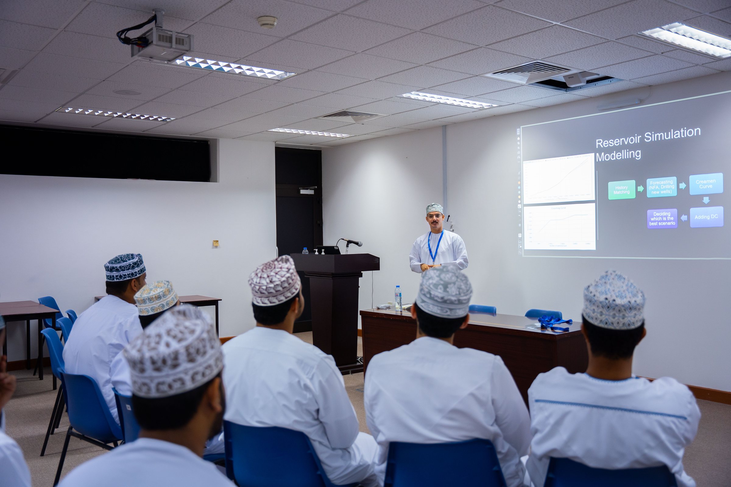 A student presents “Reservoir Simulation Modelling” to classmates seated in a lecture room.
