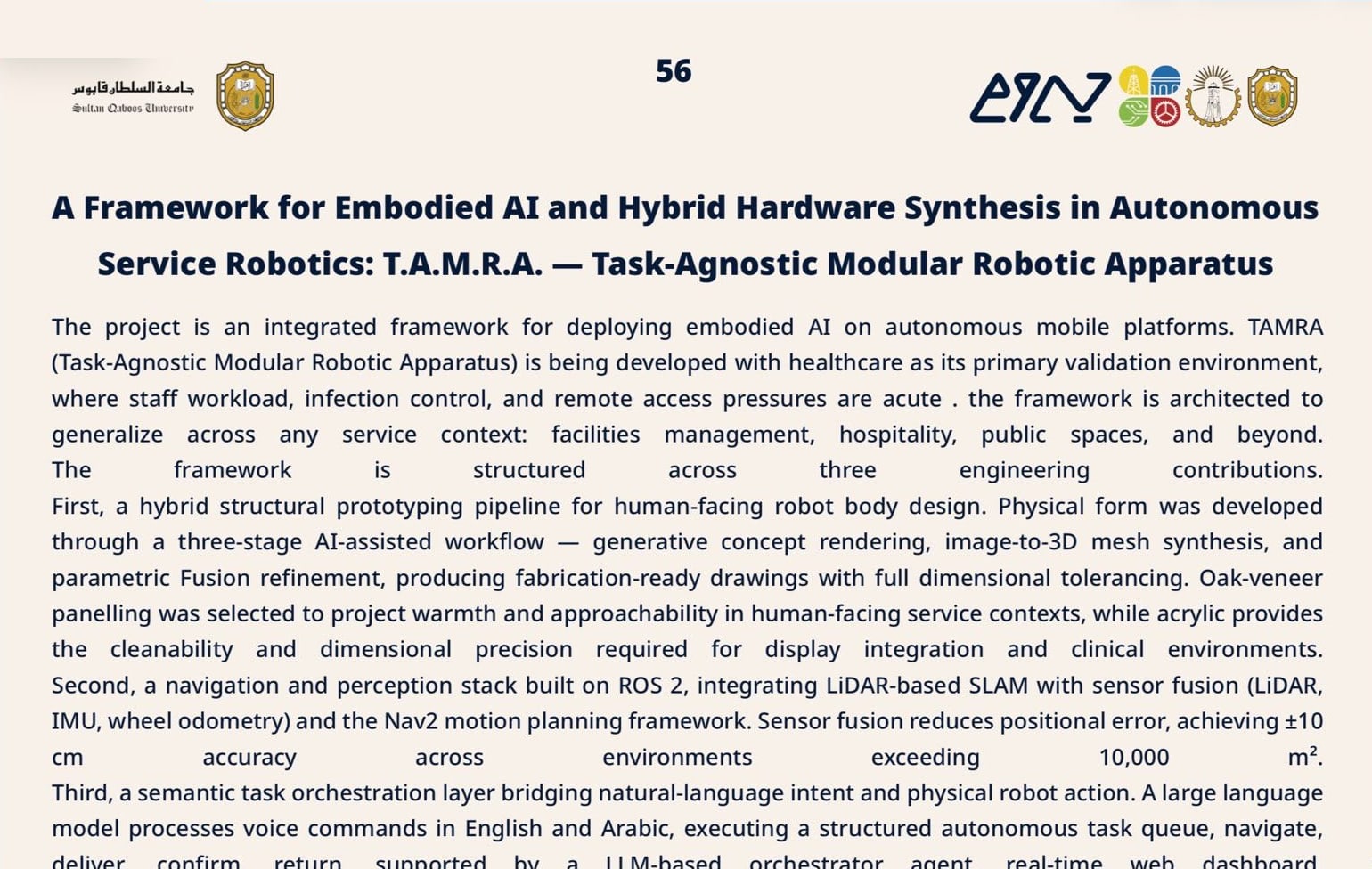 The project’s poster: “A Framework for Embodied AI and Hybrid Hardware Synthesis in Autonomous Service Robotics: T.A.M.R.A. — Task-Agnostic Modular Robotic Apparatus”.